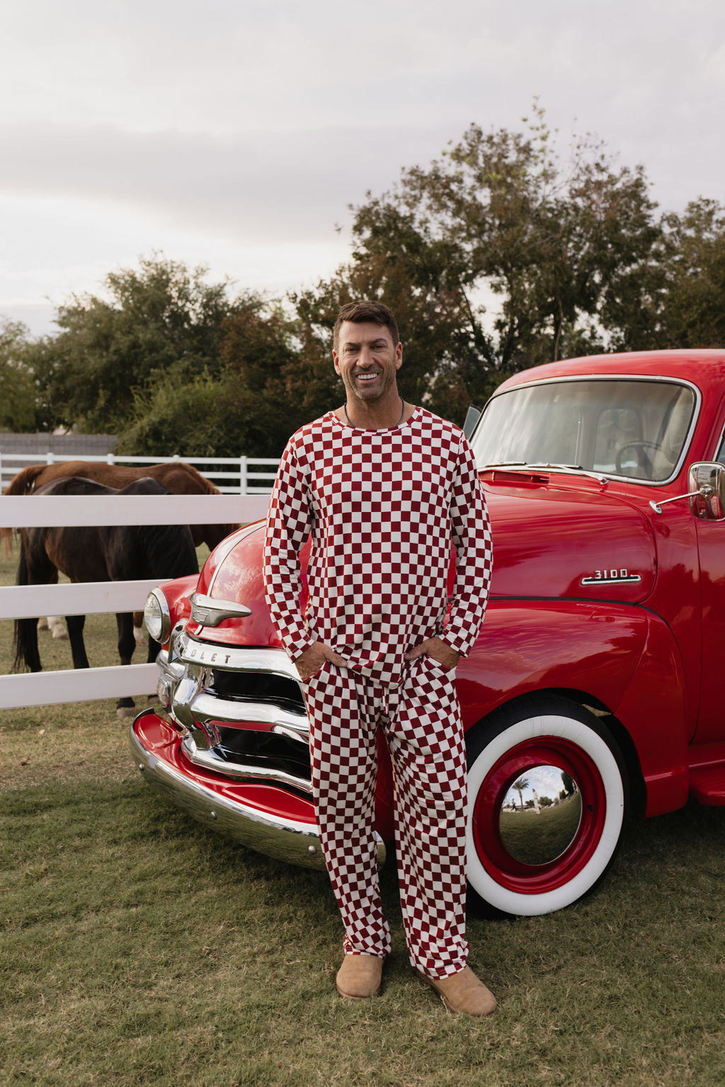 Men's Bamboo Pajama Set in Red and White Long Sleeve Loungewear