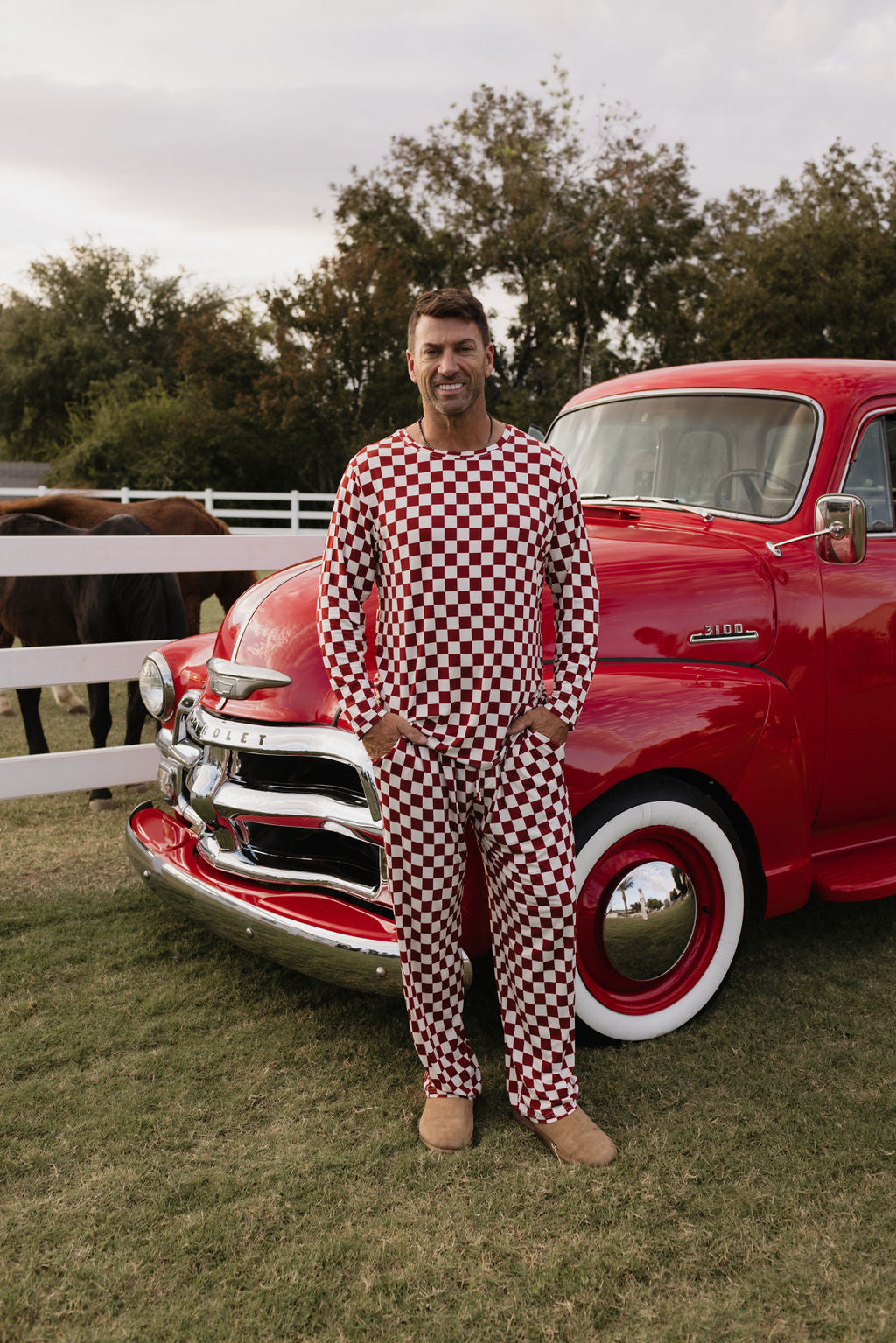 Men's Bamboo Pajama Set in Red and White Long Sleeve Loungewear