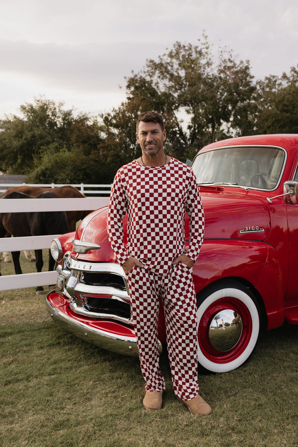 Men's Bamboo Pajama Set in Red and White Long Sleeve Loungewear
