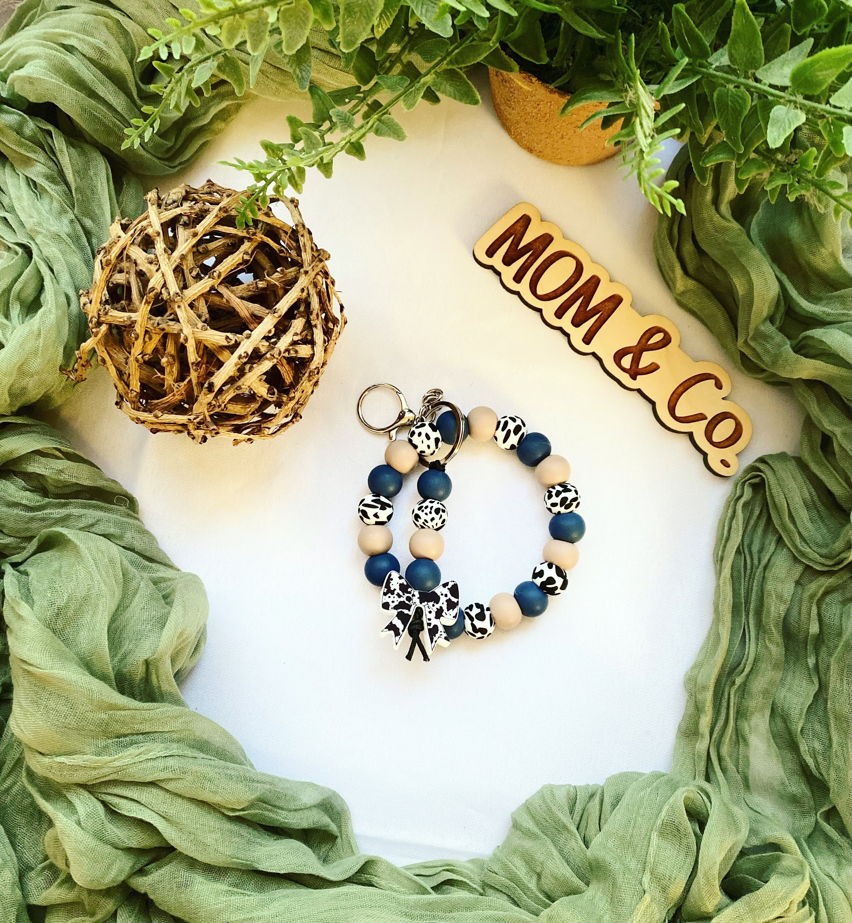 Navy Blue Cowprint Bead Wristlet