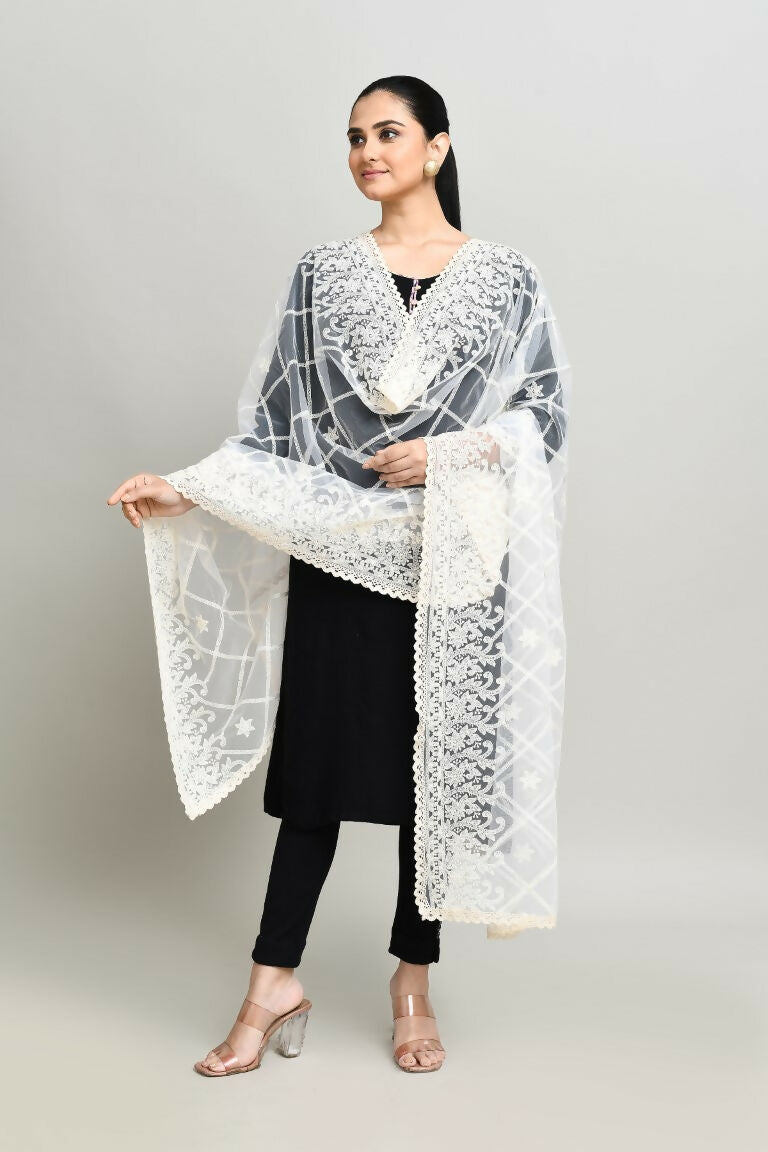 White Cotton Pakistani Karanchi Dupatta with Intricate Embroidery