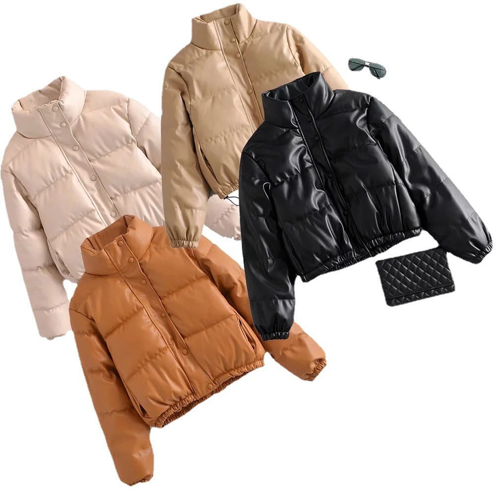 Stylish Women's Tan Faux Leather Puffer Jacket with Stand Collar - Image 4