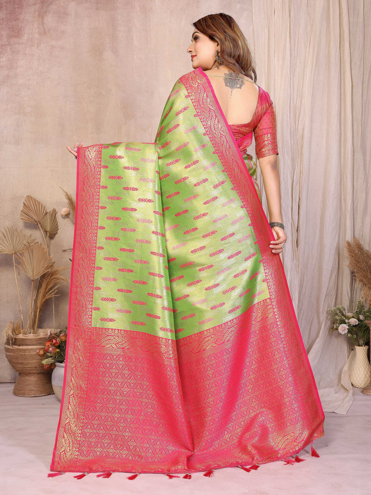 Pista Green Tissue Silk Paithani Woven Saree with Pink Blouse