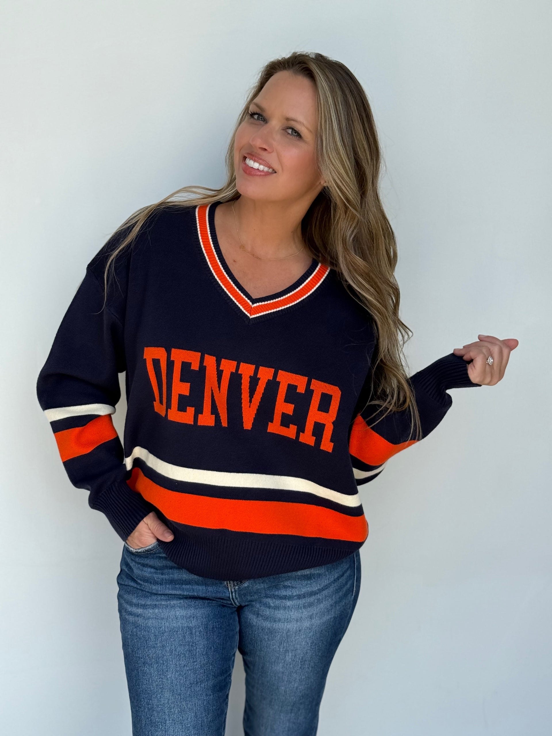 Denver University Varsity Sweater - Preppy Navy Orange Knit Top