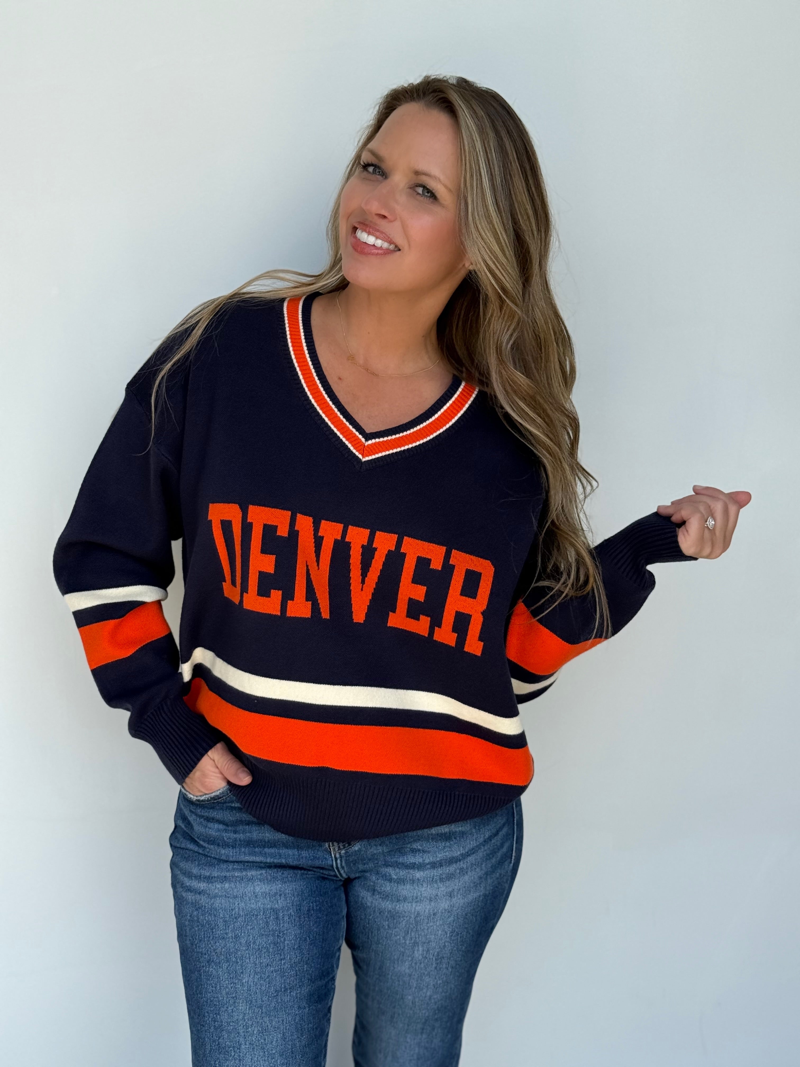 Denver University Varsity Sweater - Preppy Navy Orange Knit Top