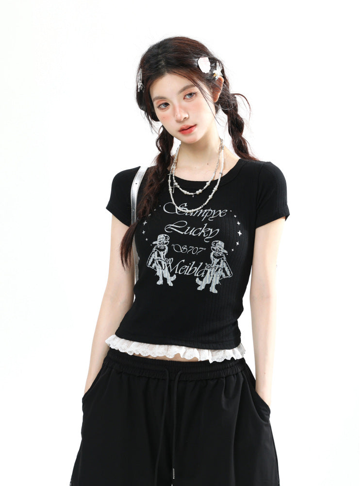 Women's Black Ribbed Graphic Tee with Lace Trim Short Sleeve - Image 6