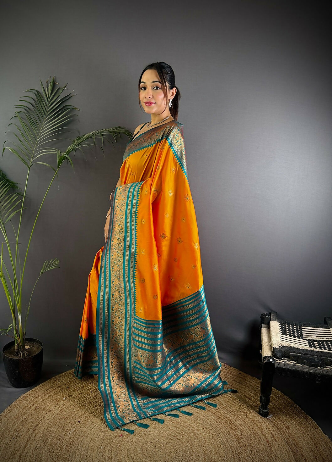 Orange Banarasi Woven Soft Silk Saree with Matching Blouse