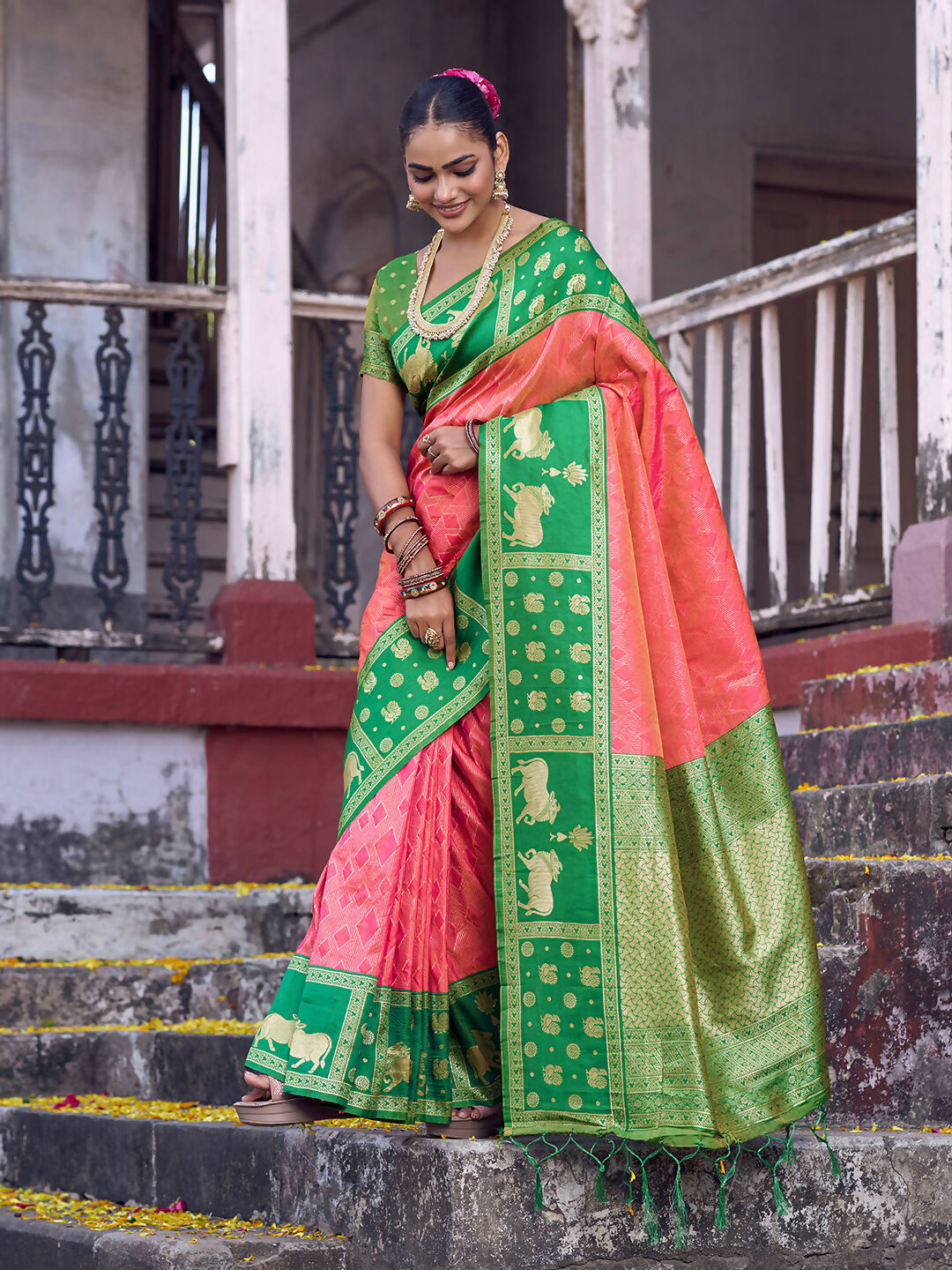 Peach Soft Silk Saree with Contrasting Green Blouse Piece