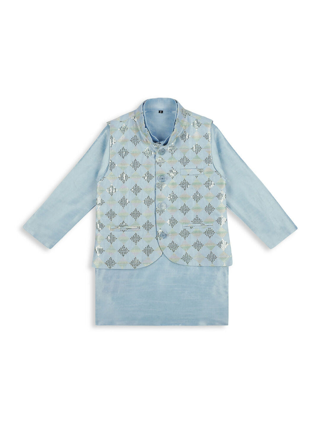 Kids Sky Blue Kurta Pyjama Set with Tikli Nehru Jacket