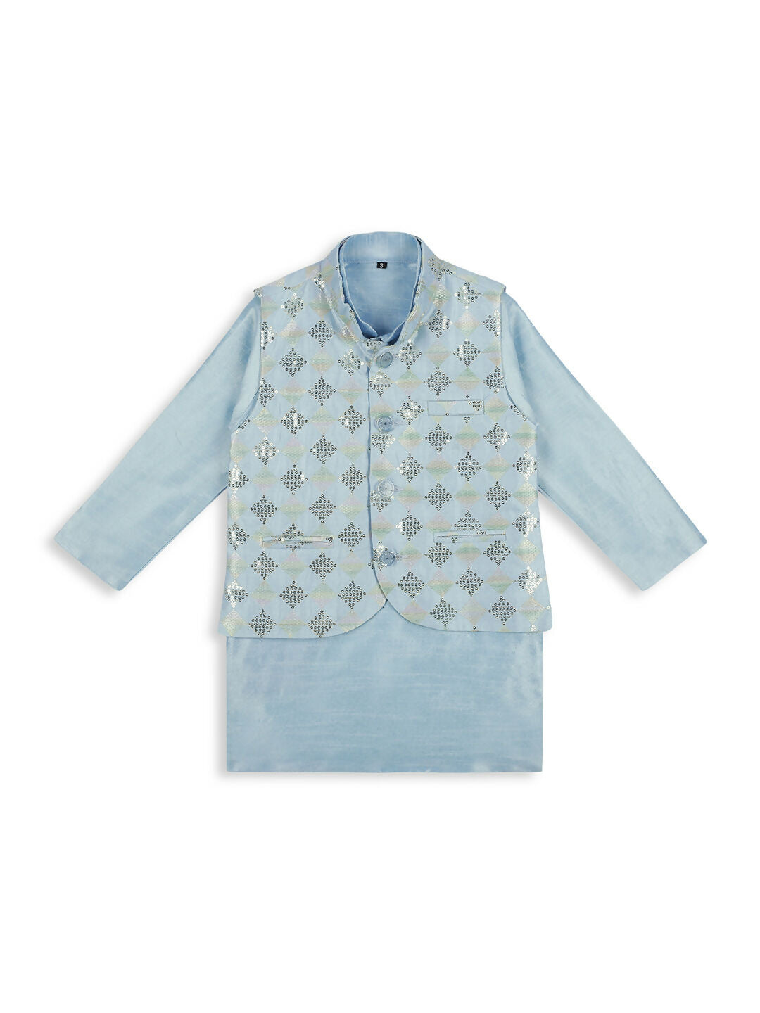 Kids Sky Blue Kurta Pyjama Set with Tikli Nehru Jacket