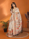 Off White Meena Weaves silk blend pashmina-style saree with elegant woven detailing