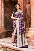 Plum Purple Pure Katan Handloom Banarasi Silk Saree with elegant sheen
