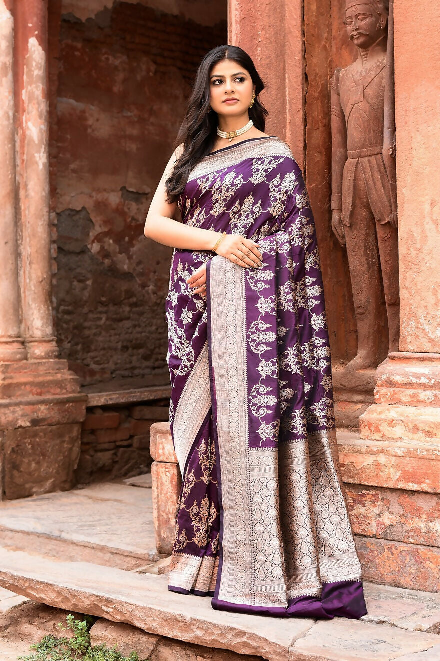 Plum Purple Pure Katan Handloom Banarasi Silk Saree with elegant sheen