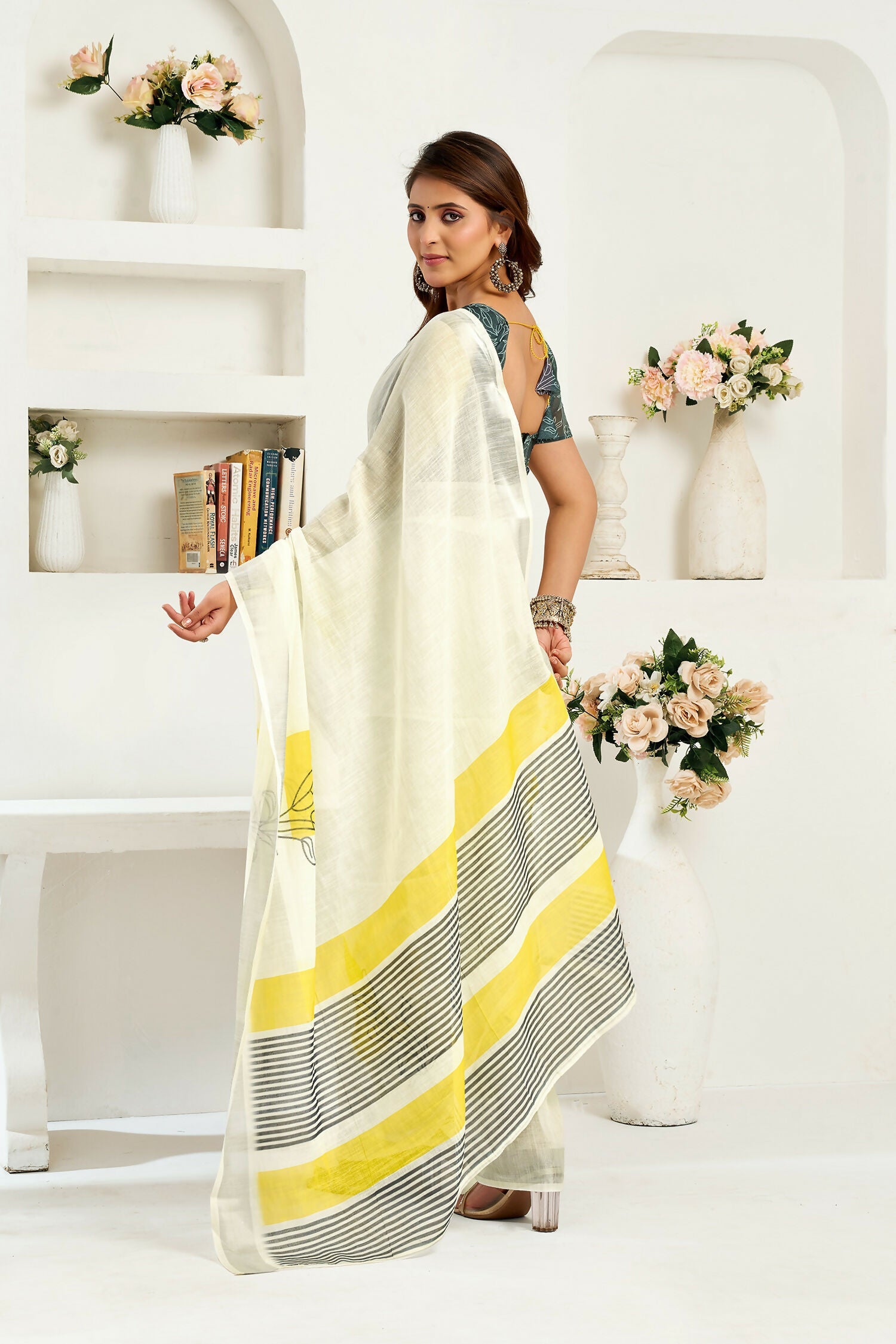 Off-White Striped Linen Ready To Wear Saree with Contrast Blouse