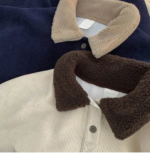 Women's Corduroy Pullover Sweater with Sherpa Collar Apricot