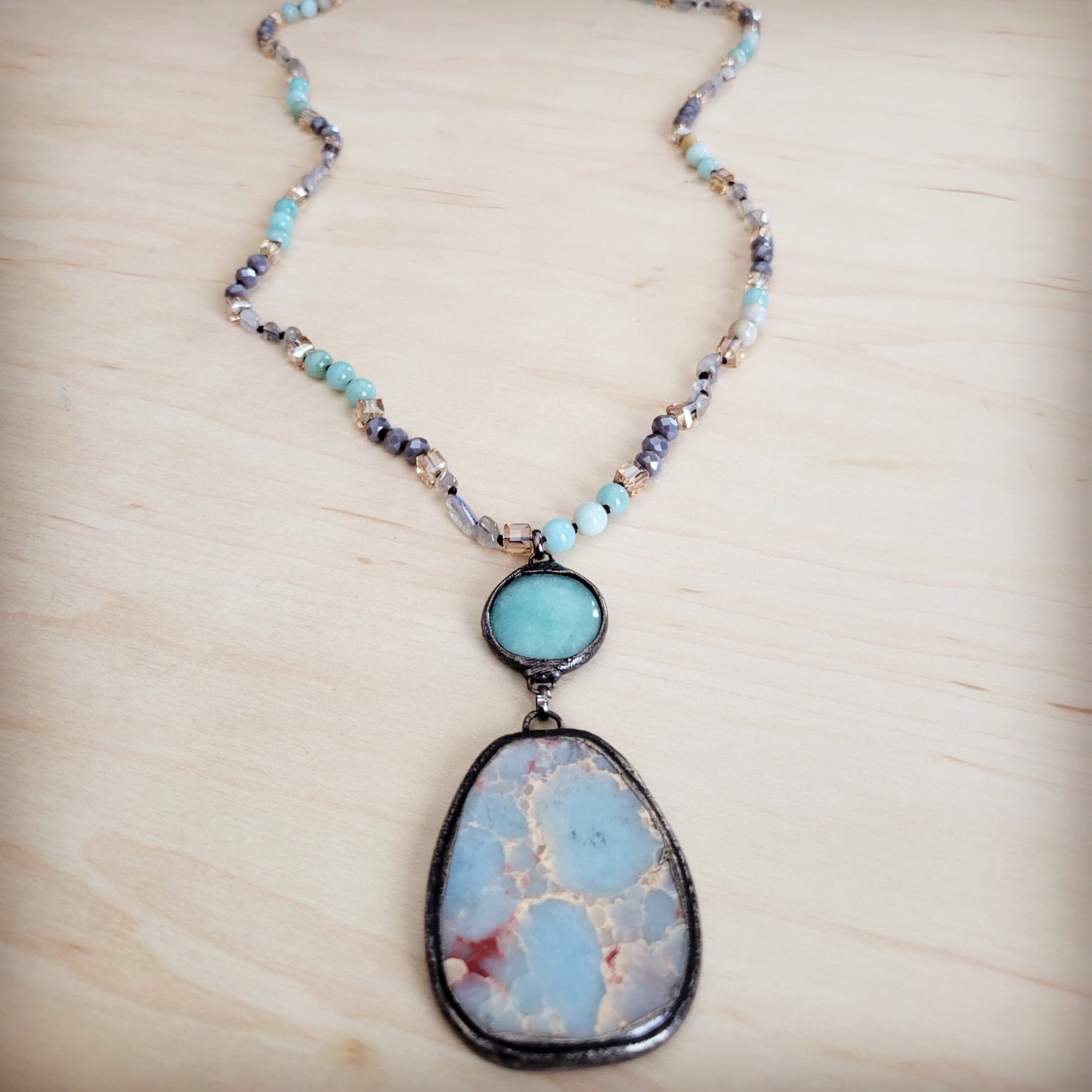 Amazonite and Crystal Beaded Necklace with Jasper Pendant