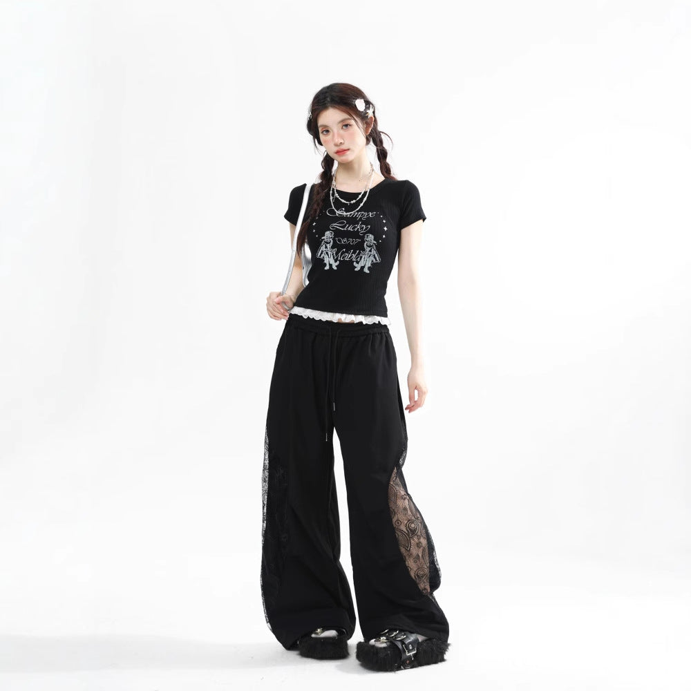 Women's Black Ribbed Graphic Tee with Lace Trim Short Sleeve - Image 4