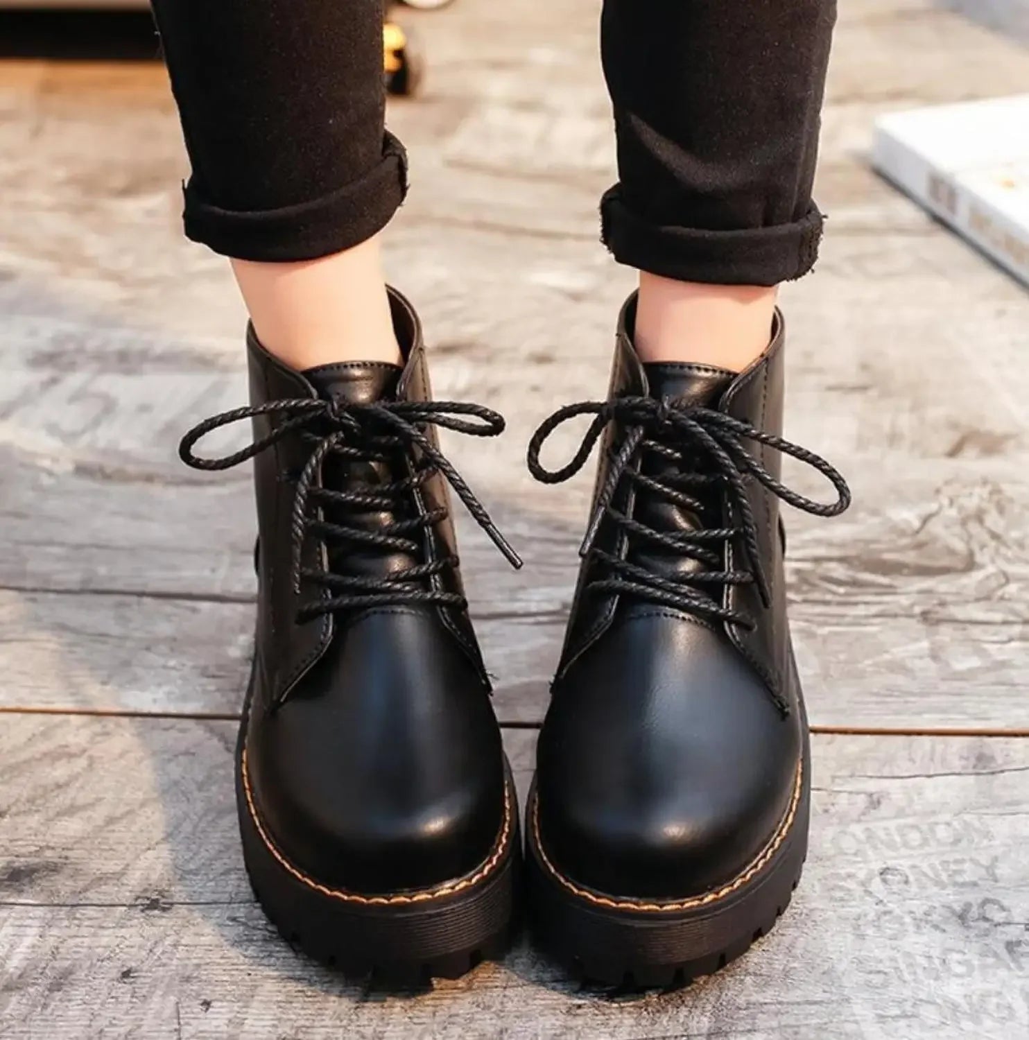 Women's Black Retro Platform Lace-Up Ankle Boots with Chunky Sole - Image 5