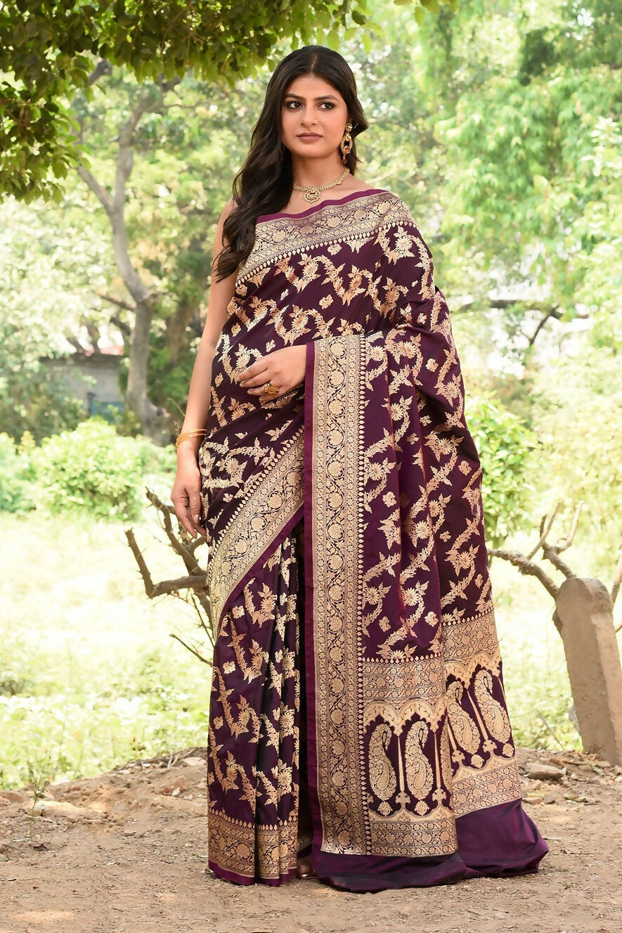 Joban Fashion Wine Banarasi Soft Pure Handloom Banarasi Silk Saree