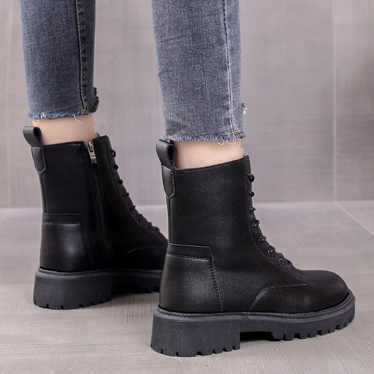 Women's Black Waterproof Combat Snow Boots with Faux Fur - Image 4
