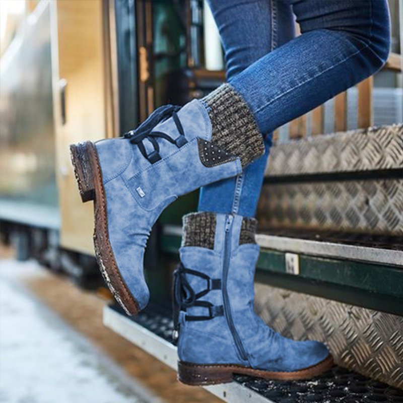Women's Mid-Calf Flocked Suede Winter Boots with Knit Cuff - Image 6
