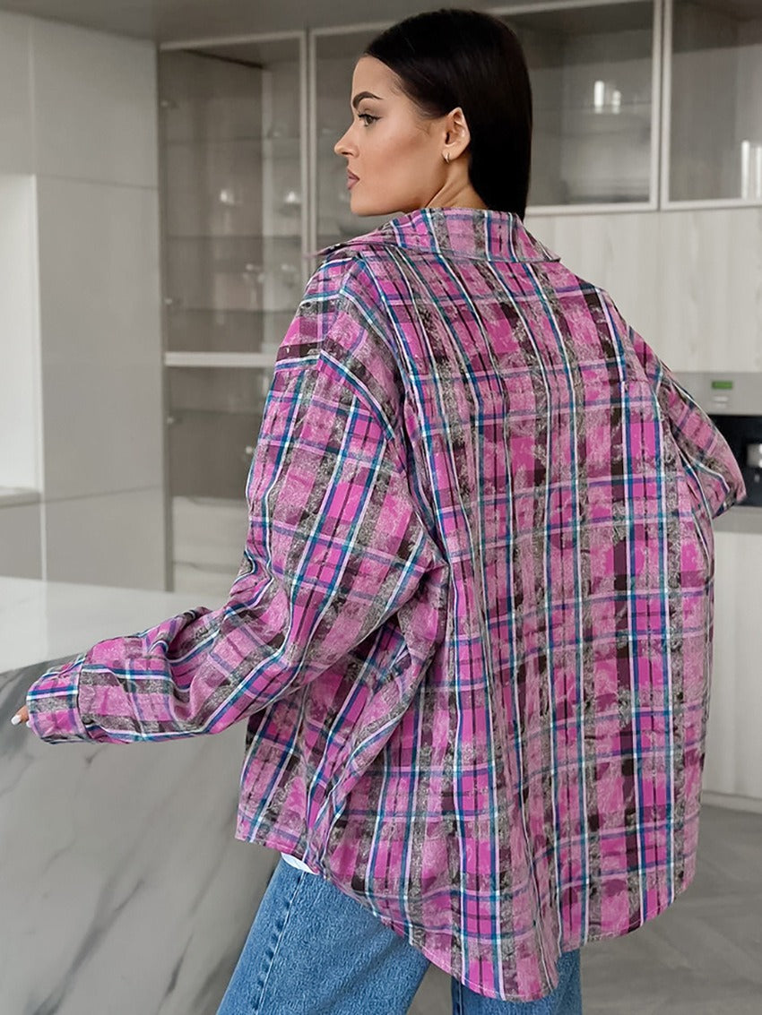 Versatile Pink Plaid Cotton Loose Fit Long Sleeve Button Shirt - Image 5