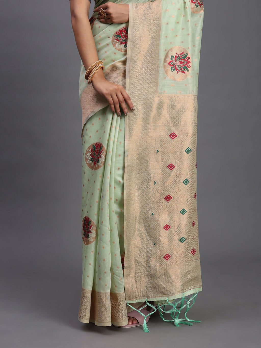 Light Green Linen Cotton Saree with Matching Blouse