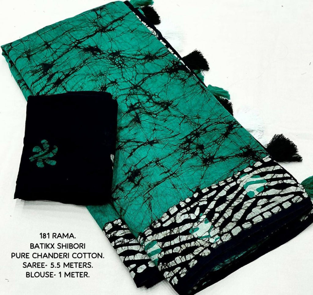 Rama Green & Black Pure Chanderi Cotton Batik Saree
