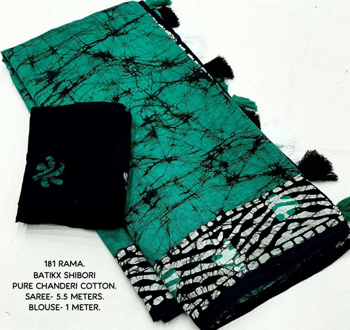 Rama Green & Black Pure Chanderi Cotton Batik Saree