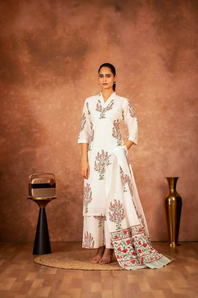 Off white cotton suit set with pink hand block prints