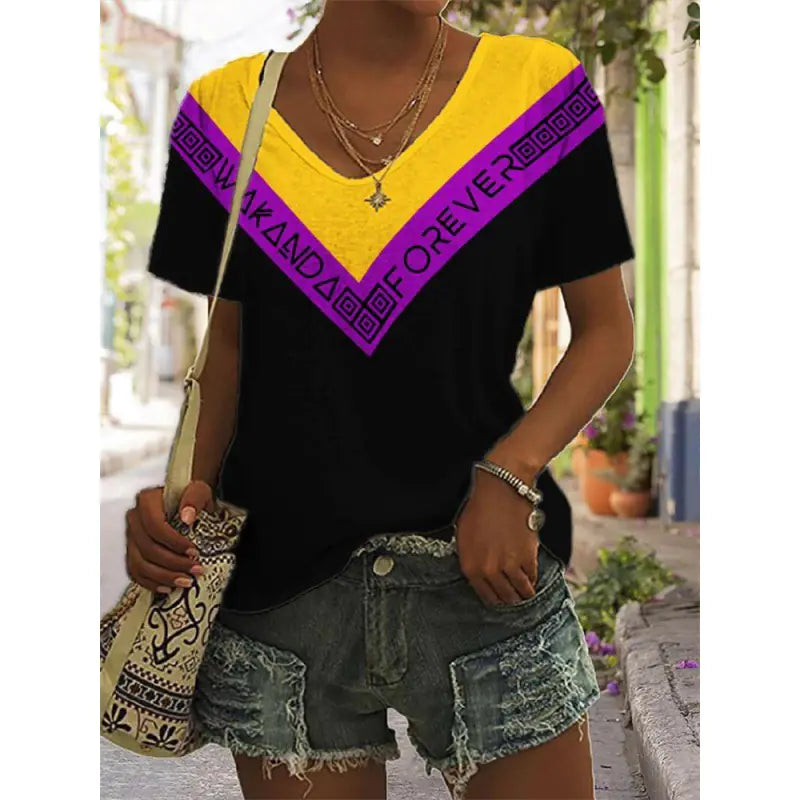 Women's Graphic Print V-Neck T-Shirt Casual Short Sleeve Tee - Image 26