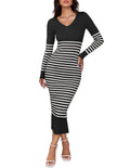 ZESICA Womens Fall Striped Sweater Dress Long Sleeve V Neck Slim Fit Slit Ribbed Knit Bodycon Midi Dresses Black