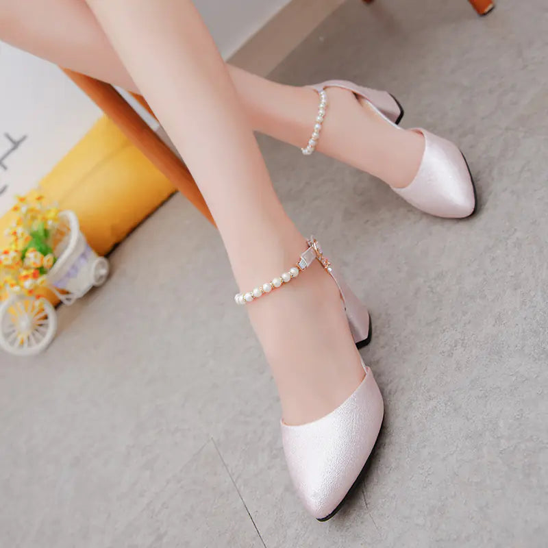 Women's Pearl Ankle Strap Thick Heel Sandals White and Pink - Image 6