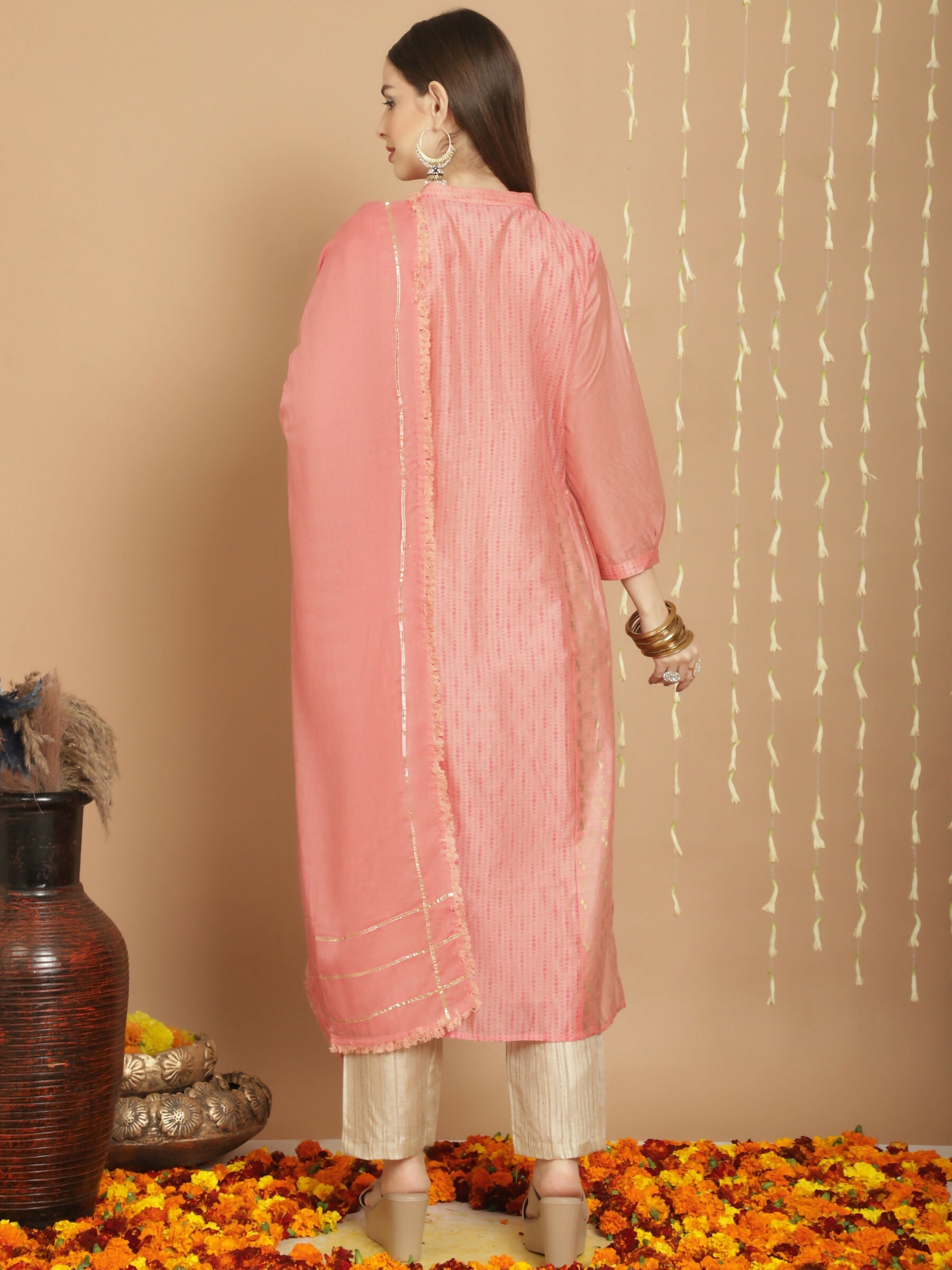 Peach Chanderi Silk A-Line Kurta Set with Jardoshi Embroidery