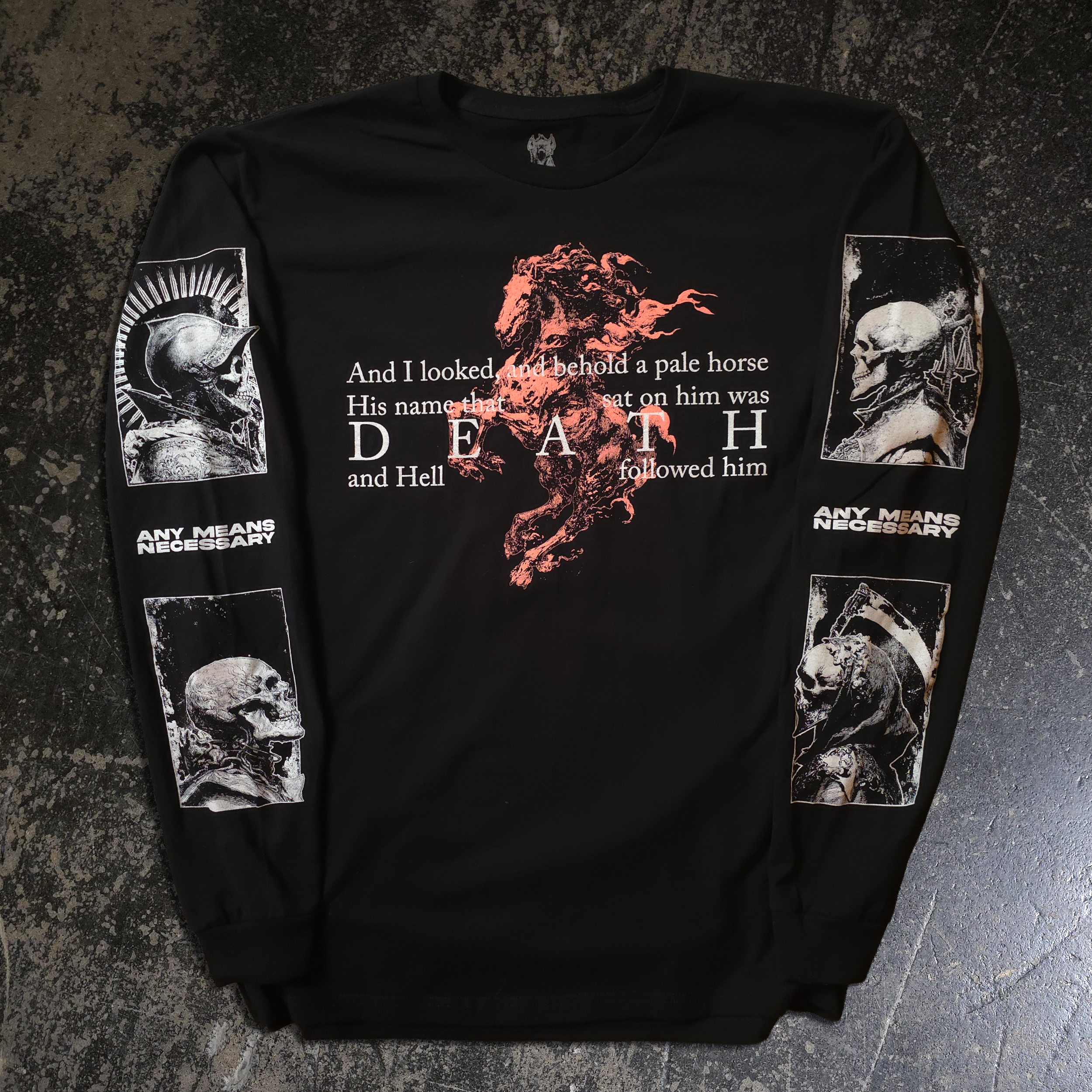 Black long sleeve t-shirt featuring 4 Horsemen graphic print and sleeve artwork on a dark grey concrete background
