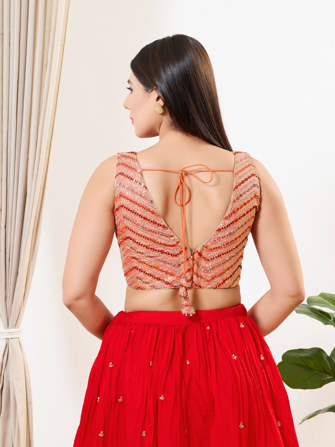 Joban Fashion Light Red Silk Padded Blouse With V Neck Sleeveless