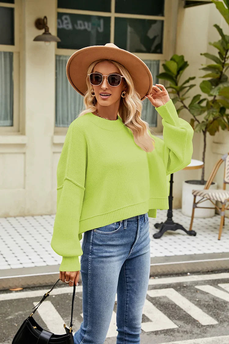 Women Loose Cropped Round Neck Knit Pullover Sweater - Image 9