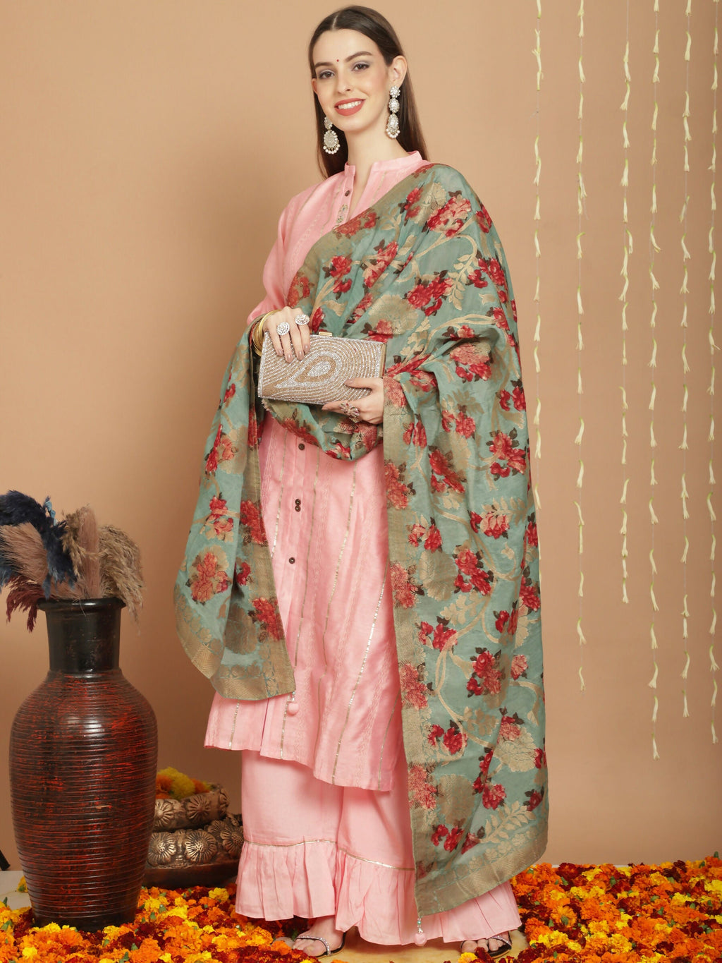 Peach Chanderi Silk A-Line Kurta Set with Elegant Jardoshi Work