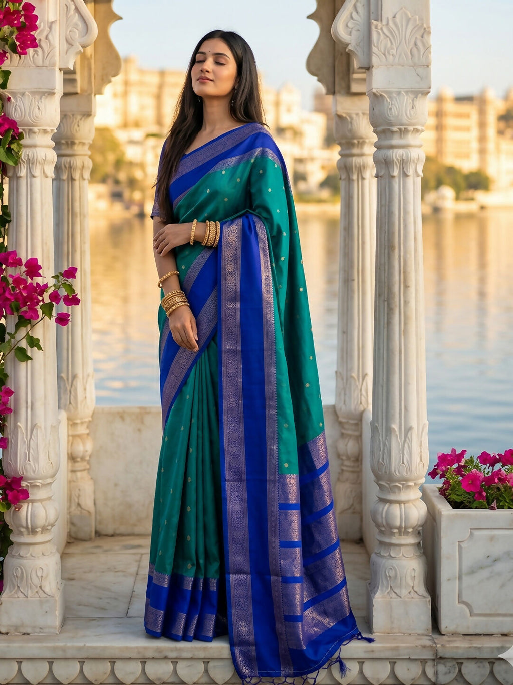 Rama Silk Blend Saree with Matching Blouse Piece