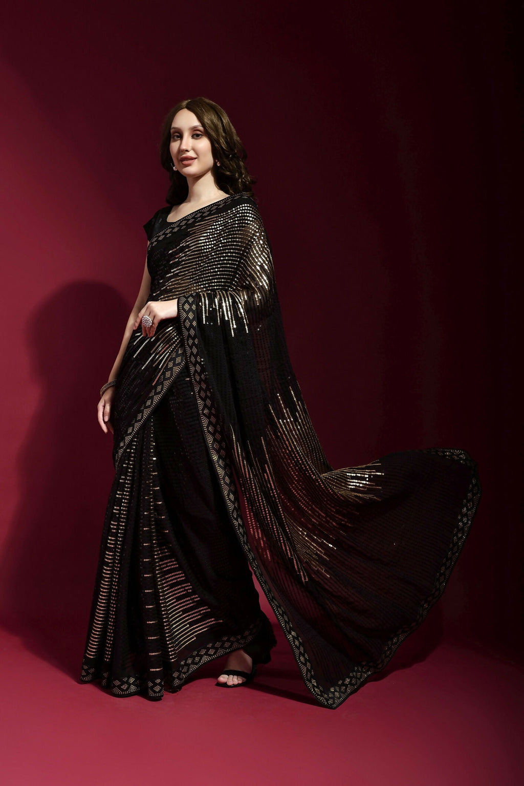 Vegaa Fashion Black Georgette Embroidered Party Wear Saree