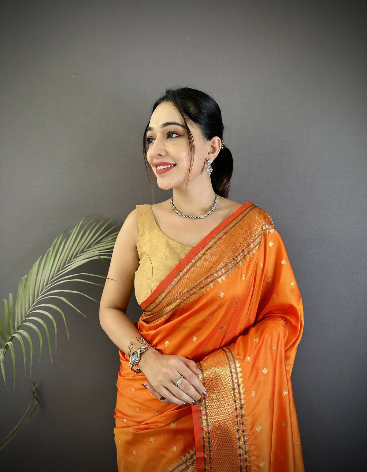 Orange Butti Woven Soft Lichi Silk Paithani Saree