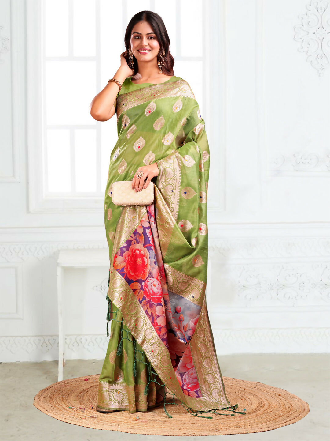 Green Linen Cotton Saree with coordinating blouse piece