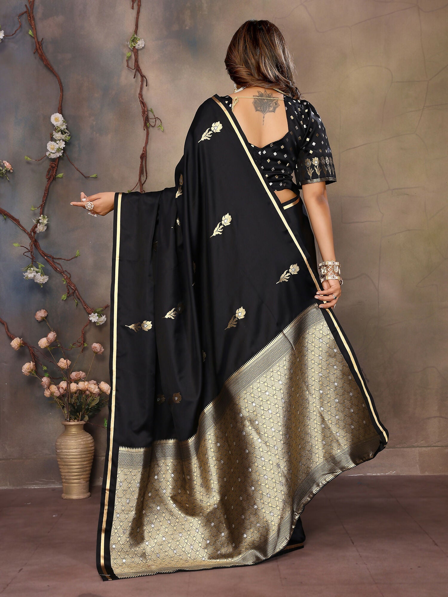 Black Floral and Botanical Satin Silk Banarasi Saree