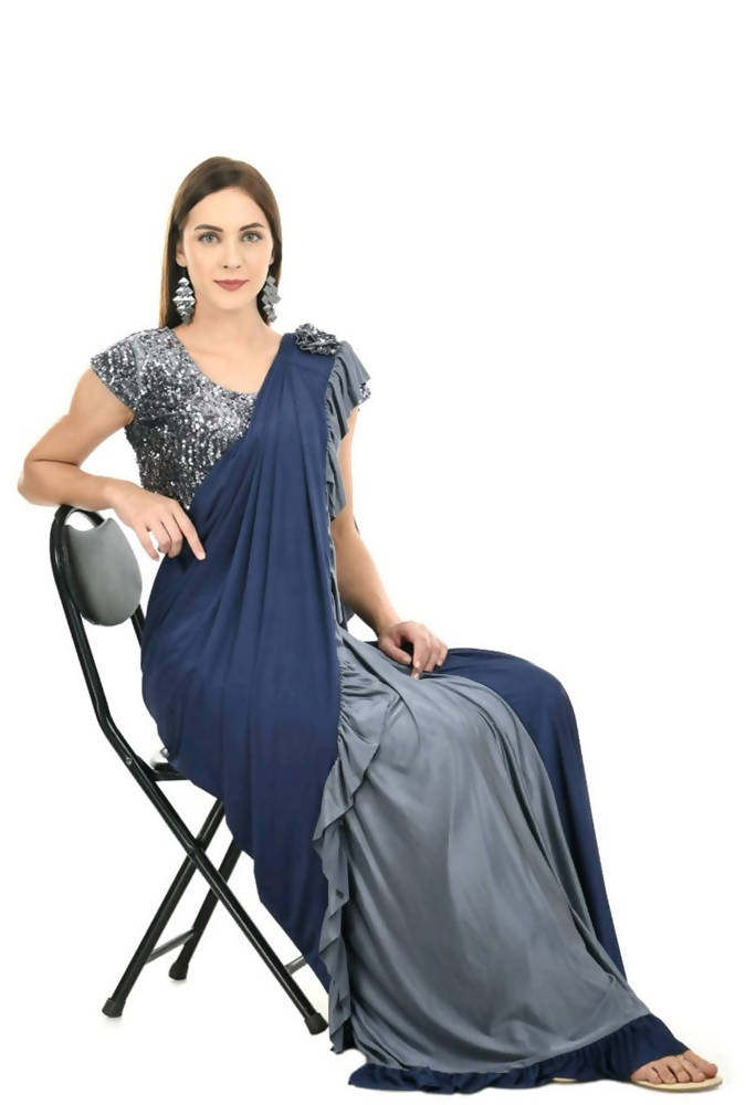 Gray and Blue Ruffled Ready-to-Wear Lycra Saree with Sequin Blouse
