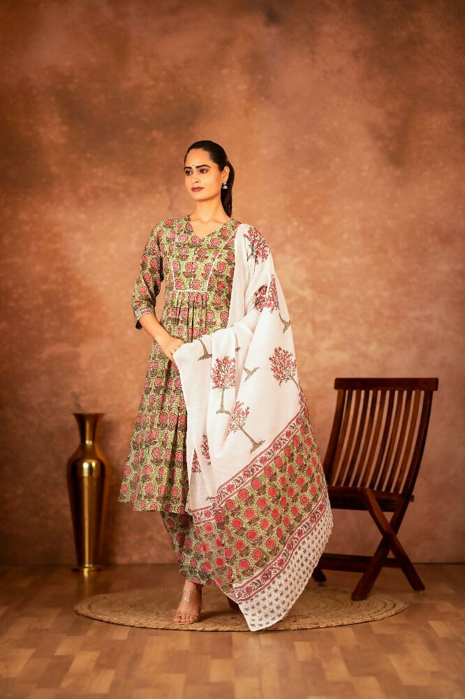 Green hand block printed cotton suit set