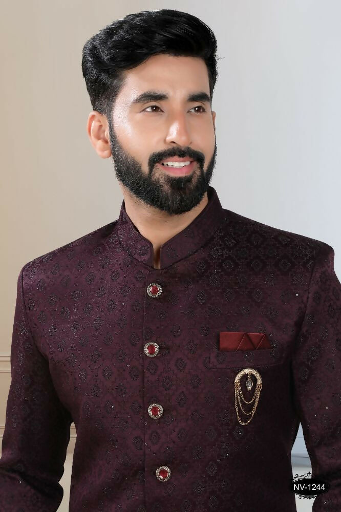 Boys Wine Sequence Embroidered Kurta and Pyjama Set