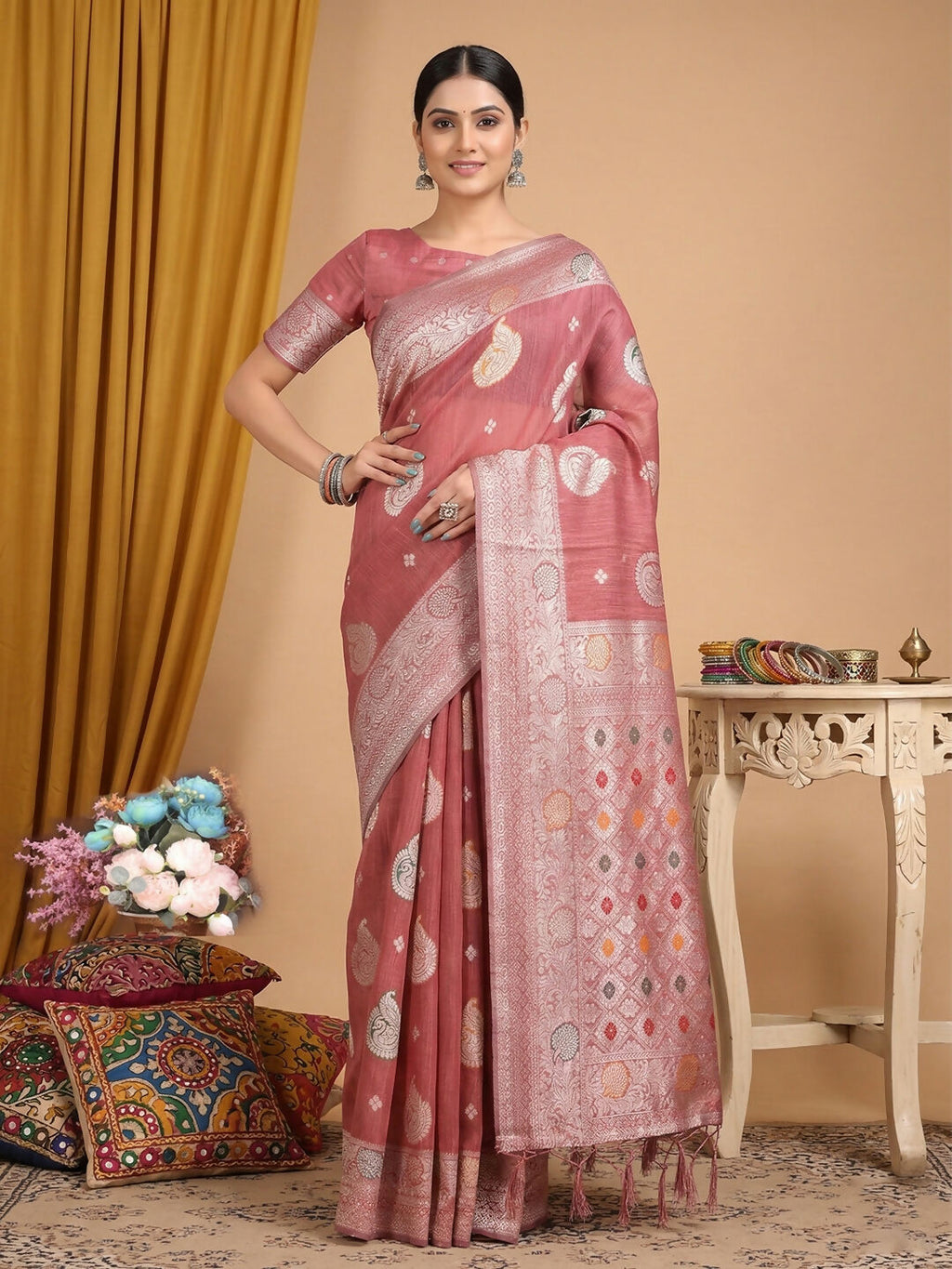 Pink Linen Cotton Saree for Daily and Casual Wear