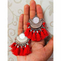 German silver Afghani beaded hoop Chandbali earrings with traditional design