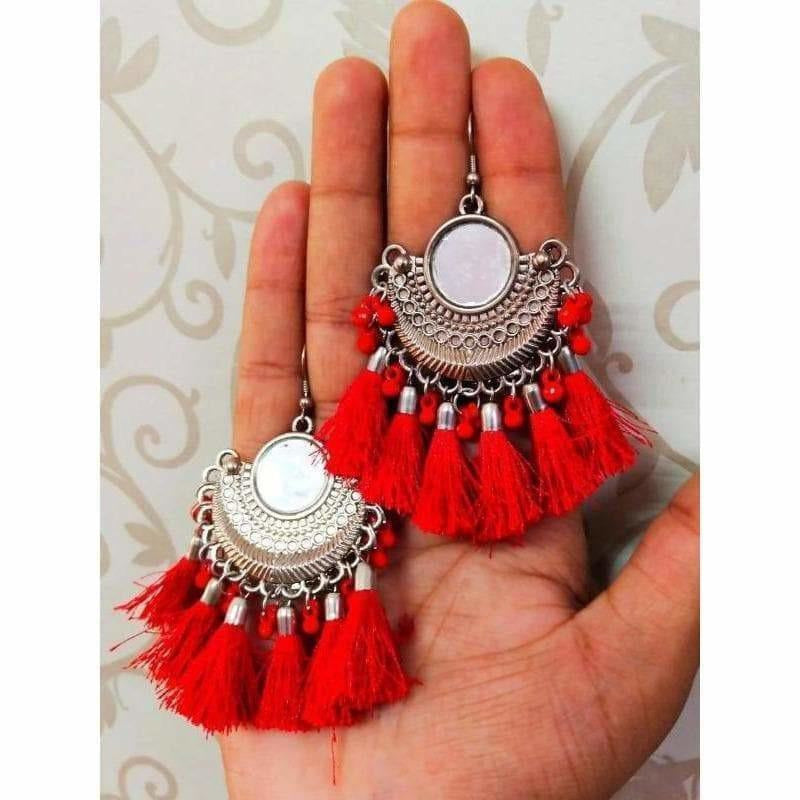 German silver Afghani beaded hoop Chandbali earrings with traditional design