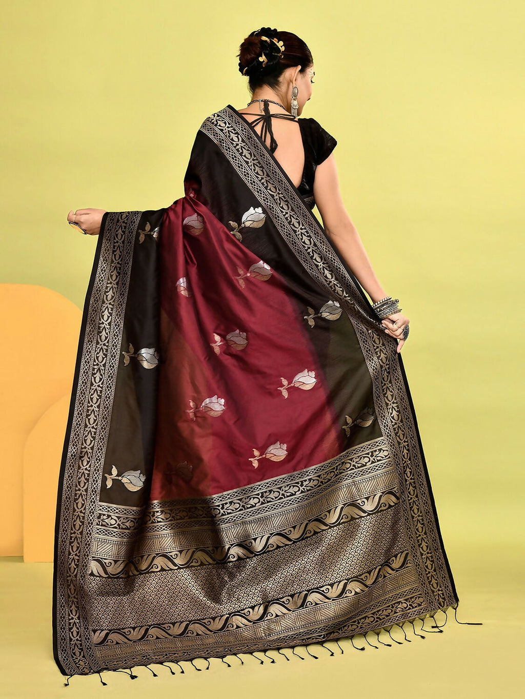 Maroon & Black Banarasi Silk Saree with Weaving Border